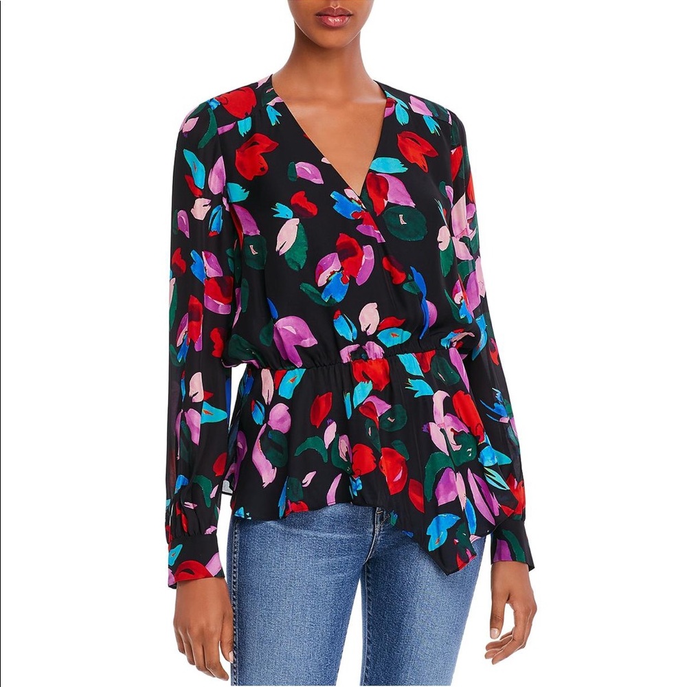 NWOT Parker black multi floral wrap crossover long sleeve blouse M
